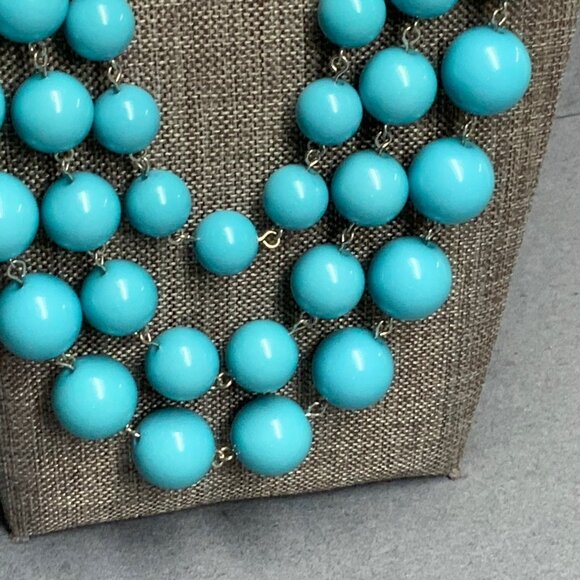 Chunky Statement Necklace 20 In Turquoise Blue Triple Strand Beads Silver Chain - Picture 4 of 7